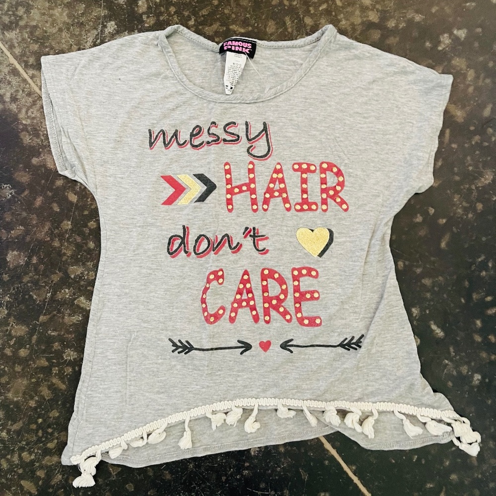 Famous Pink Gray with Fringe Short Sleeve Shirt